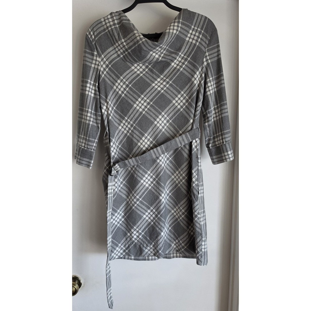 Banana Republic Plaid Shirt Dress Size 0 Gray White Cotton Long Sleeve Classic